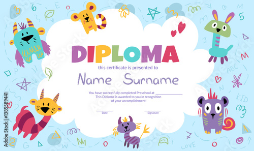 Colorful school and preschool diploma certificate for kids and children in kindergarten or primary grades with cute and kind monsters. Vector cartoon flat illustration with doodles and crayon scribble