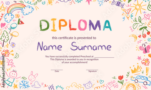 Colorful school and preschool diploma certificate for kids and children in kindergarten or primary grades with doodle elements, crayon scribbles, chalk on background. Vector cartoon flat illustration