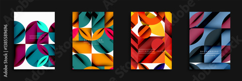 Four abstract backgrounds showcase geometric shapes, vibrant colors, overlapping layers. Modern designs utilize circles, triangles, squares creating dynamic visual effects.