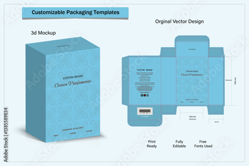 Box packaging die cut template design. 3d mock-up labels,icon,frames, for packaging,design of luxury products. for perfume, soap, wine, lotion.Made with golden foil.Isolated on brown background. vecto