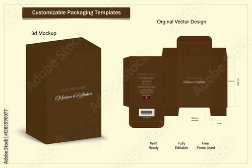 Box packaging die cut template design. 3d mock-up labels,icon,frames, for packaging,design of luxury products. for perfume, soap, wine, lotion.Made with golden foil.Isolated on brown background. vecto