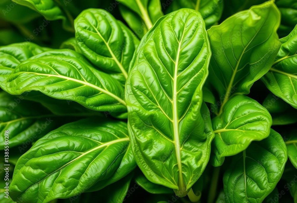 Fototapeta premium Close-up of vibrant green spinach bunch, fresh leaves glistening, uncooked, diet