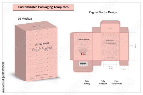 Box design Product box die cut with 3d mock up of luxury products for perfume.