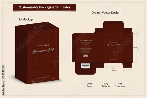 Box design Product box die cut with 3d mock up of luxury products for perfume.