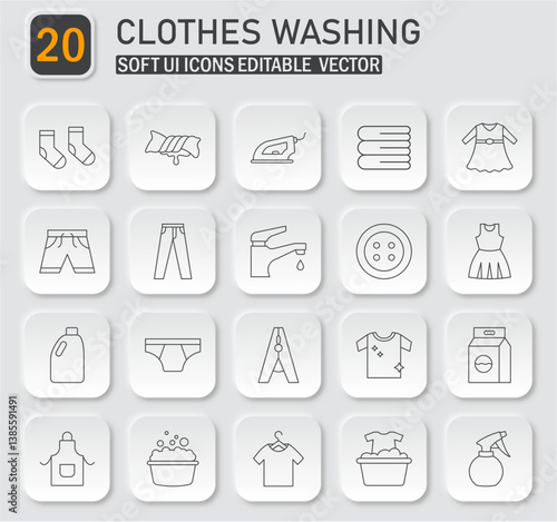 Neumorphism vector icon set depicting laundry and clothes washing tasks, linear style