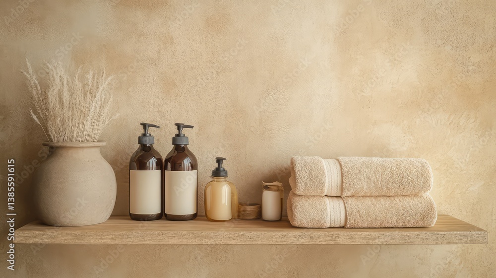 Floating wooden shelf with neatly arranged glass bottles, ceramic jars, and soft towels. Clean copy space. Floating wooden shelf with neatly arranged glass bottles, ceramic jars, and soft towels. Clean copy space.