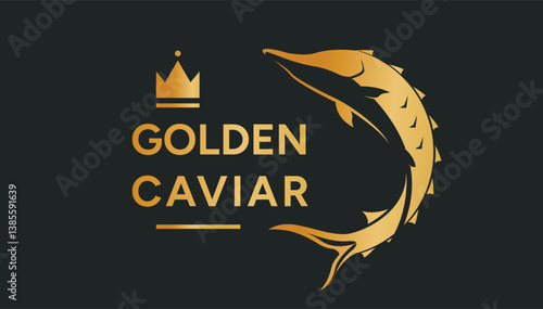 golden sturgeon fish illustration for caviar food packaging logo.