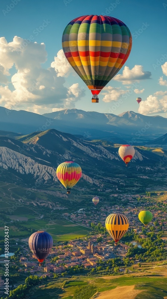 Fototapeta premium Colorful hot air balloons float above scenic mountain landscape with a village below during sunset hours
