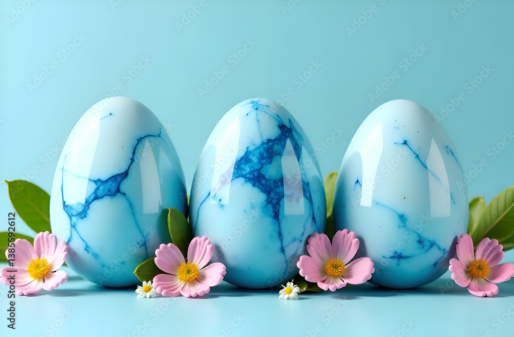 Fototapeta premium Happy Easter. Blue marble Easter eggs with flowers on pastel blue background. Selective focus