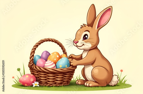 Easter holiday, hare with a basket of Easter eggs, Easter bunny and eggs. Illustration