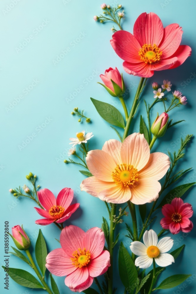 Fototapeta premium Vibrant colorful spring flowers on paper background, botanical, paper