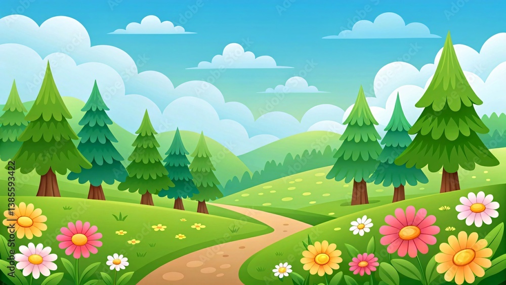 Fototapeta premium Cartoon nature landscape with pine trees dirt path and colorful wildflowers in rolling green hills under bright blue sky with clouds