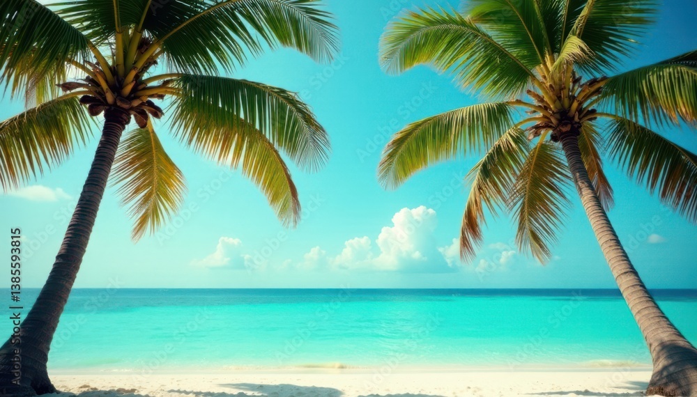 Fototapeta premium Vintage toned palm trees against turquoise ocean , sandy shore, ocean view
