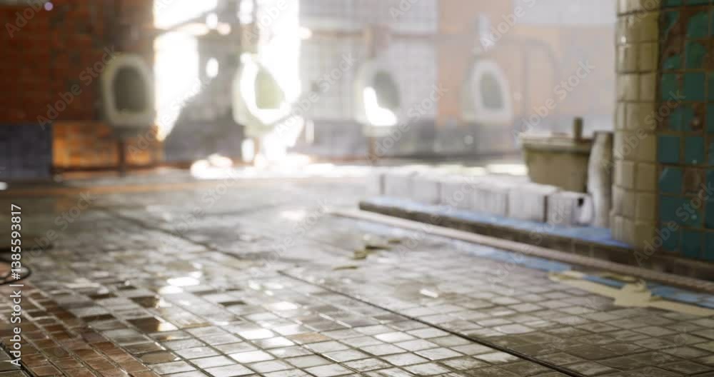 Water pooled on the tiled floor of a restroom creates a reflective ...