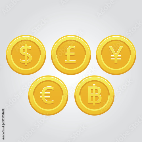 Golden coin collection illustrate with currency in 3D style for multimedia design.