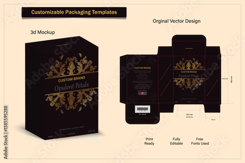 Box packaging die cut template design. 3d mock-up labels,icon,frames, for packaging,design of luxury products. for perfume, soap, wine, lotion.Made with golden foil.Isolated on background. vector 