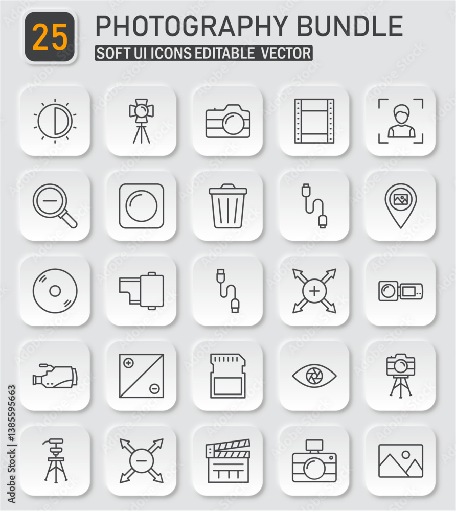 Photography essentials vector icon collection for content creation and media design Photography essentials vector icon collection for content creation and media design