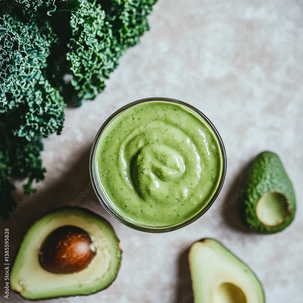 A creamy green smoothie with kale, avocado, and almond milk. Featuring a healthy, nutrient-dense drink A creamy green smoothie with kale, avocado, and almond milk. Featuring a healthy, nutrient-dense drink