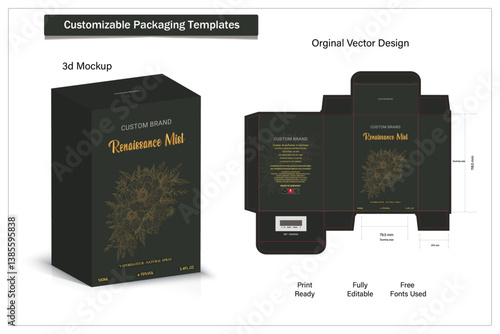 Box packaging die cut template design. 3d mock-up labels,icon,frames, for packaging,design of luxury products. for perfume, soap, wine, lotion.Made with golden foil.Isolated on background. vector 