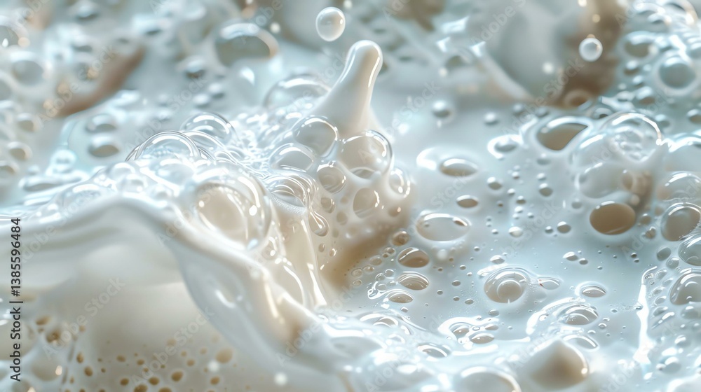 A close-up view of creamy milk splashing in a glass, capturing the texture and movement of the fluid with bubbles and light reflections. A close-up view of creamy milk splashing in a glass, capturing the texture and movement of the fluid with bubbles and light reflections.