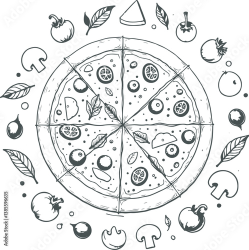 Hand drawn illustration of a pizza doodle with ingredients arranged in a circle