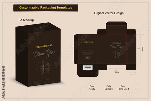 Box design Product box die cut with 3d mock up of luxury products for perfume.