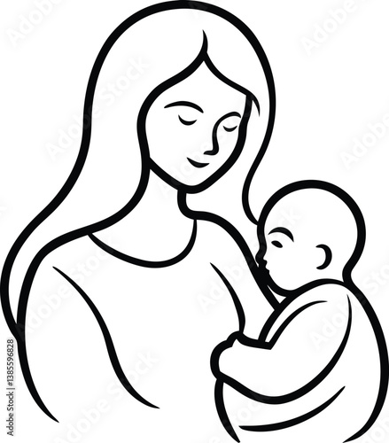 Mother and Baby Silhouette Tender Moment Line Art Vector