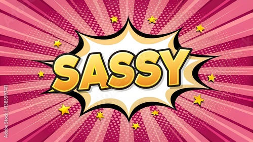Comic speech bubble with Word ‘SASSY’ in bubble comic font over pink to gold gradient burst, sparkles, bold outlines, and halftone pop-art shading