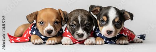 Three American Puppies in Patriotic Outfit on White Background, July 4th, Memorial Day, Red White and Blue USA Pets