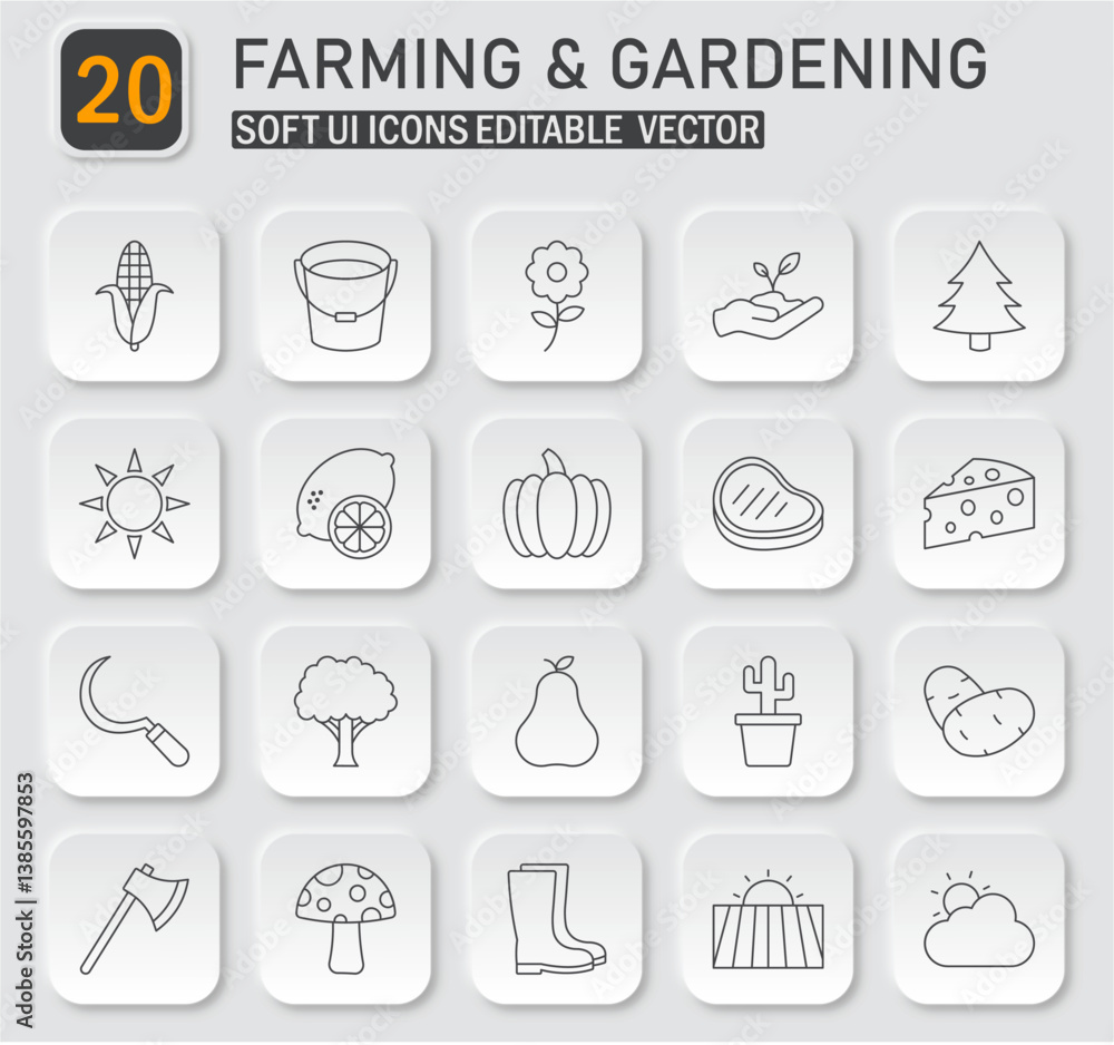Farming and Gardening Soft UI Icons Set: Editable Vector Outline Collection