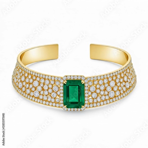 A statement gold choker with a central emerald surrounded by smaller diamonds, displayed on a white.