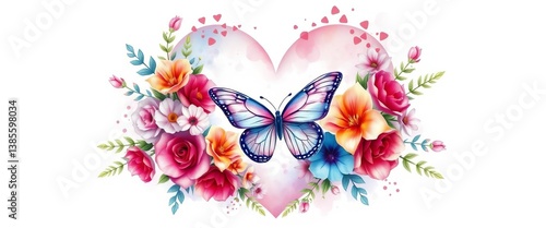 Watercolor heart shaped floral design with butterfly, valentine, texture