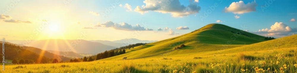 Obraz premium Sunny landscape with a hill in the background, earth, foliage