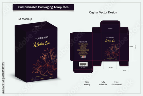 Box packaging die cut template design. 3d mock-up labels,icon,frames, for packaging,design of luxury products. for perfume, soap, wine, lotion.Made with golden foil.Isolated on background. vector 