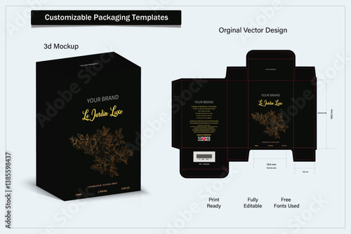 Box packaging die cut template design. 3d mock-up labels,icon,frames, for packaging,design of luxury products. for perfume, soap, wine, lotion.Made with golden foil.Isolated on background. vector 
