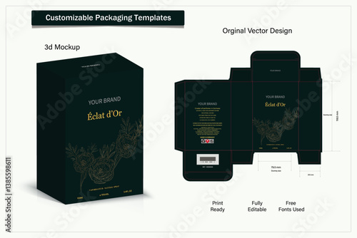 Product box die cut with 3d mock up for packaging, design of luxury products. for perfume, soap, wine, lotion.Made with golden foil. vector illustration
