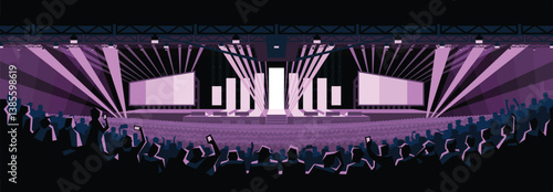 Vector illustration of a concert stage with bright lights and a cheering crowd in a stadium. Night event or music festival concept.