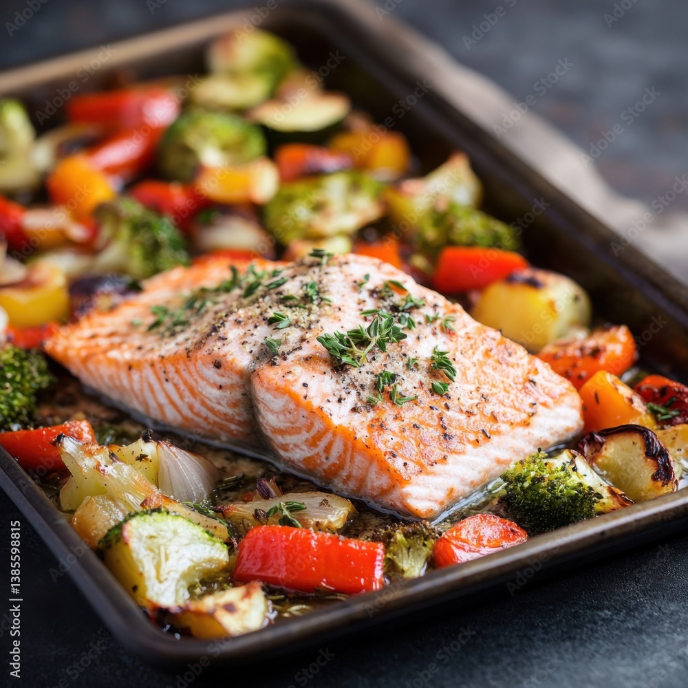A crispy baked salmon fillet with roasted vegetables. Featuring flavor and health A crispy baked salmon fillet with roasted vegetables. Featuring flavor and health