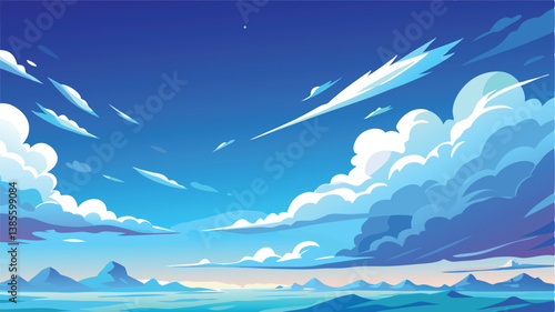 Desert landscape, vast sand dunes, golden sunset, orange sky, large sun, mountainous horizon, warm colors, stylized illustration, vector art, minimalist design, tranquil scene, barren wilderness, roll