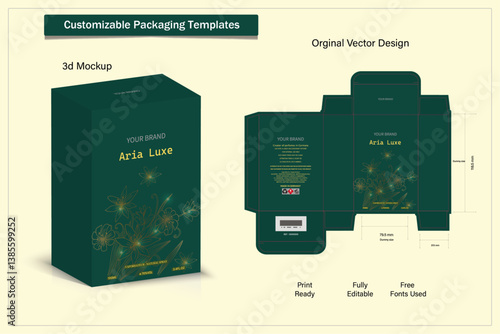 Product box die cut with 3d mock up for packaging, design of luxury products. for perfume, soap, wine, lotion.Made with golden foil. vector illustration
