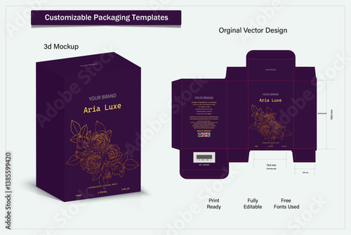 Product box die cut with 3d mock up for packaging, design of luxury products. for perfume, soap, wine, lotion.Made with golden foil. vector illustration
