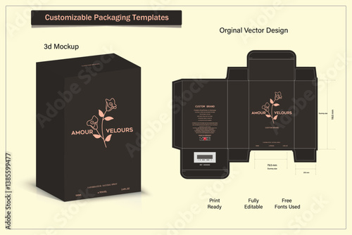 Product box die cut with 3d mock up for packaging, design of luxury products. for perfume, soap, wine, lotion.Made with golden foil. vector illustration
