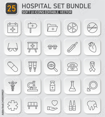 Comprehensive Collection of Hospital and Medical Line Icons in Neumorphism Style