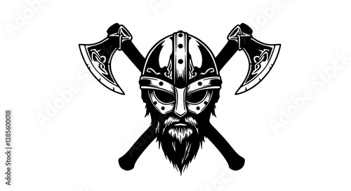 Viking Warrior with Axes Helmet in Grayscale Representing Norse Culture