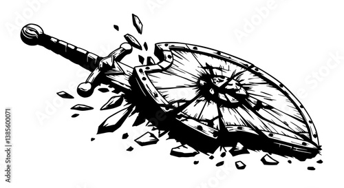Shattered Wooden Shield in Black and White Representing Defeat