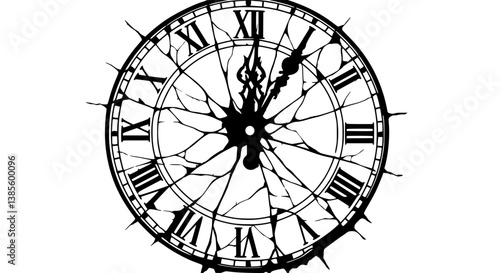 Cracked Clock Face in Black and White Representing Time