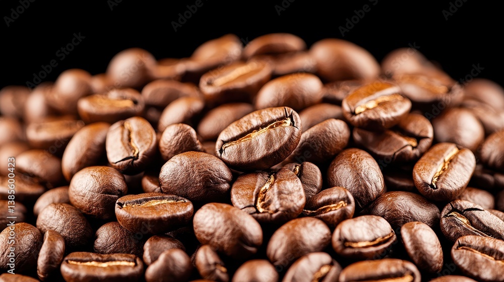 Naklejka premium Close-Up View of Roasted Coffee Beans Piled Together on a Dark Background