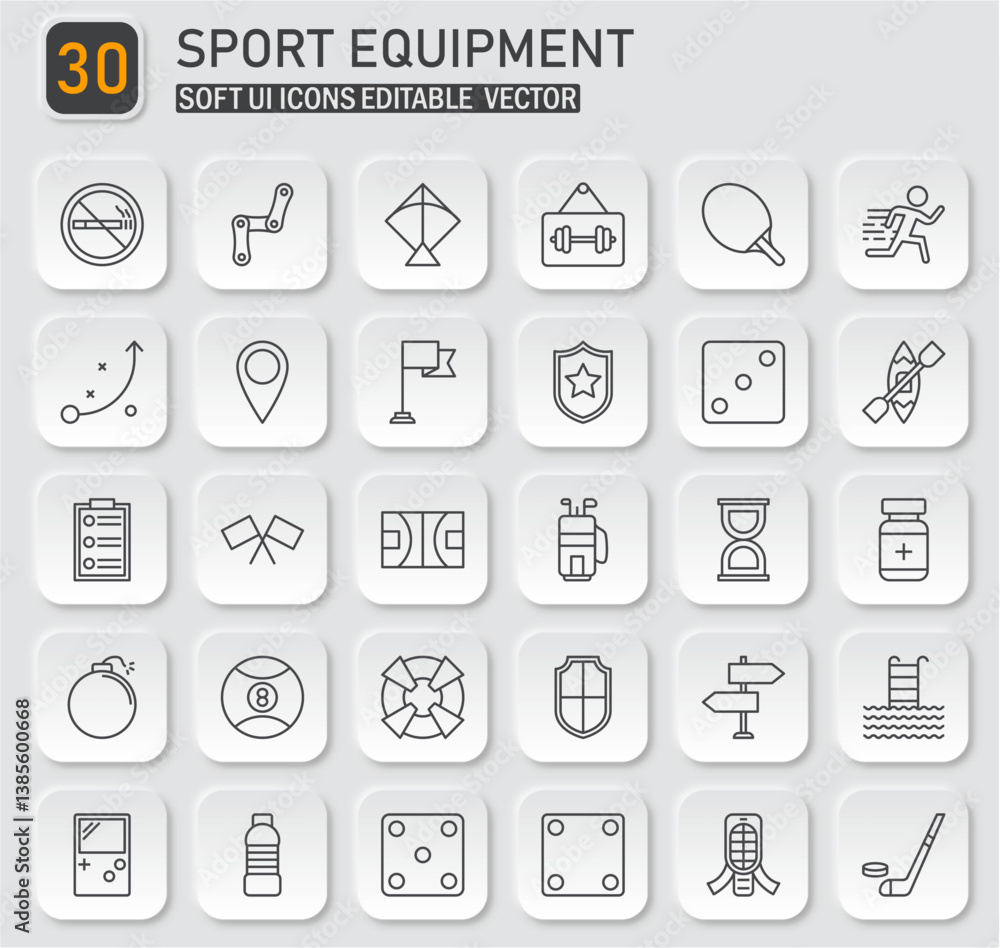 Collection of sports equipment related icons in a minimalist line style vector Collection of sports equipment related icons in a minimalist line style vector