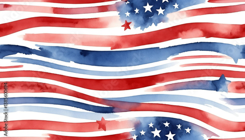 Watercolor texture of red and blue stripes with stars for a patriotic design