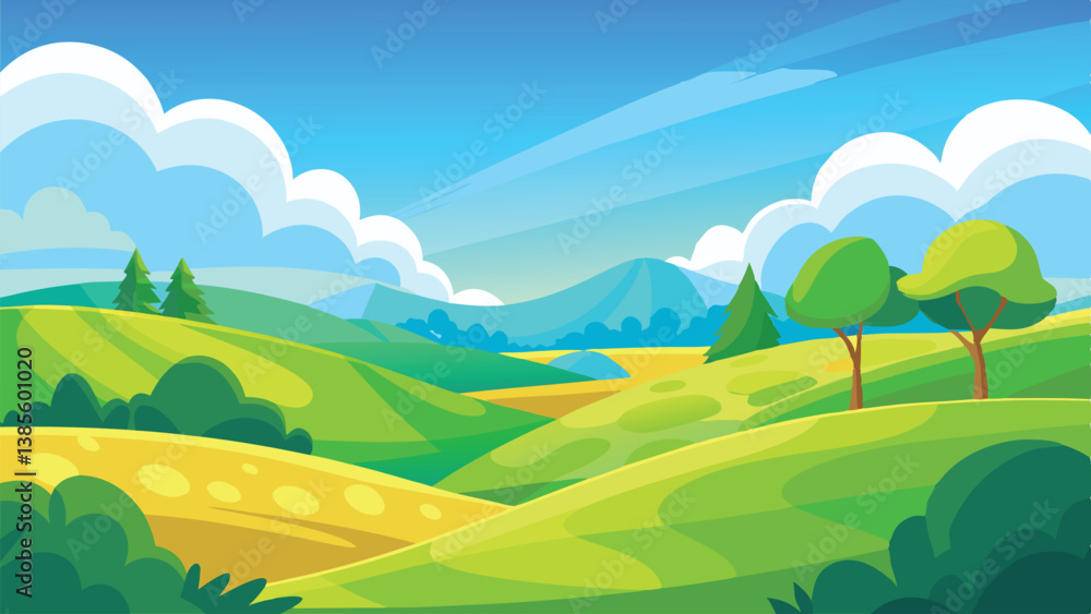 Fototapeta premium Desert landscape, vast sand dunes, golden sunset, orange sky, large sun, mountainous horizon, warm colors, stylized illustration, vector art, minimalist design, tranquil scene, barren wilderness, roll